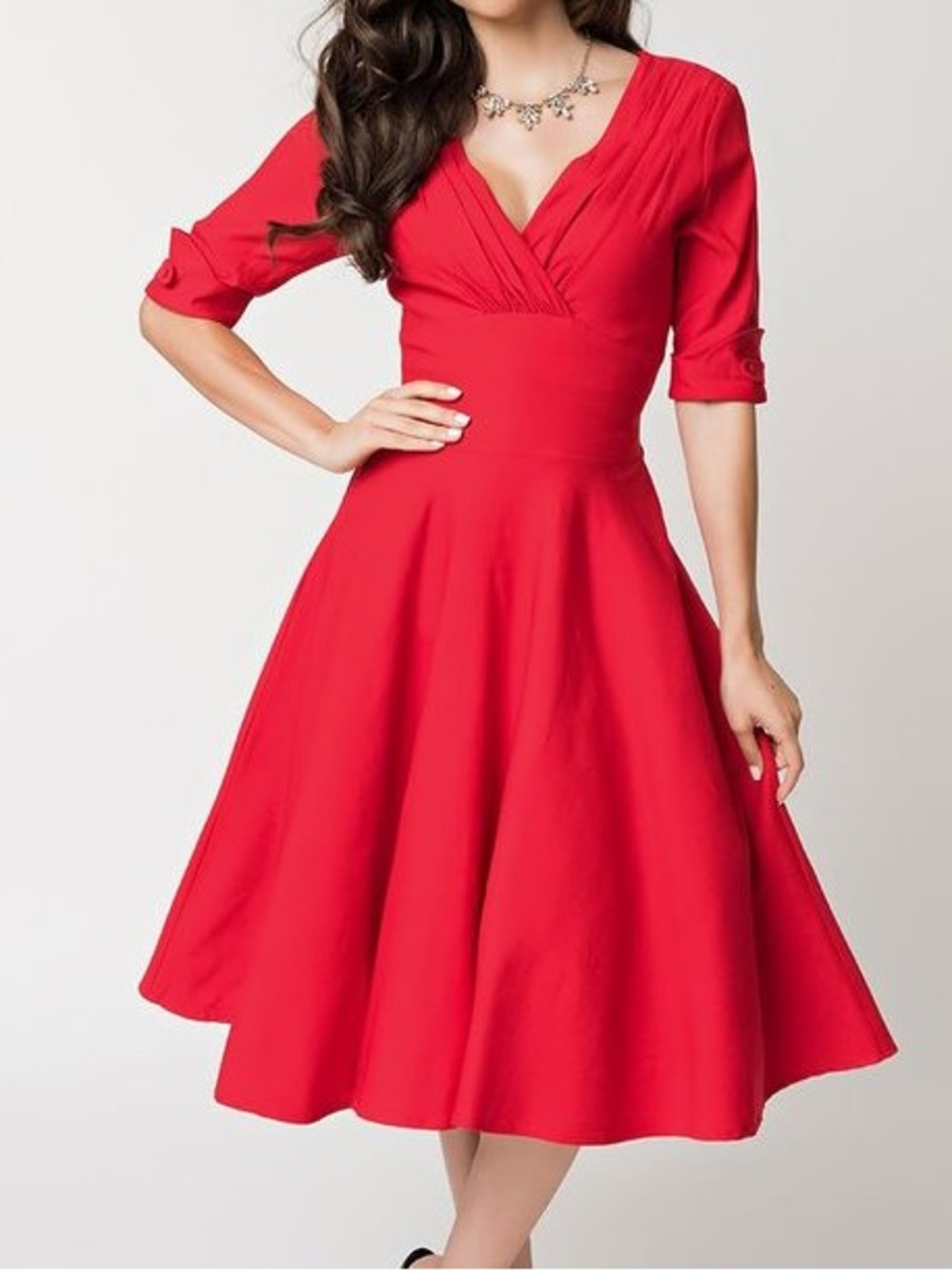 Unique Vintage Red V-Neck Midi Dress